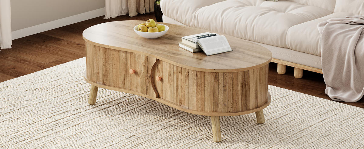 COUCHTISCH organisch Rillenoptik 2 Schiebetüren - Naturfarben, Holz (50/108/37cm) - LEBENLANG
