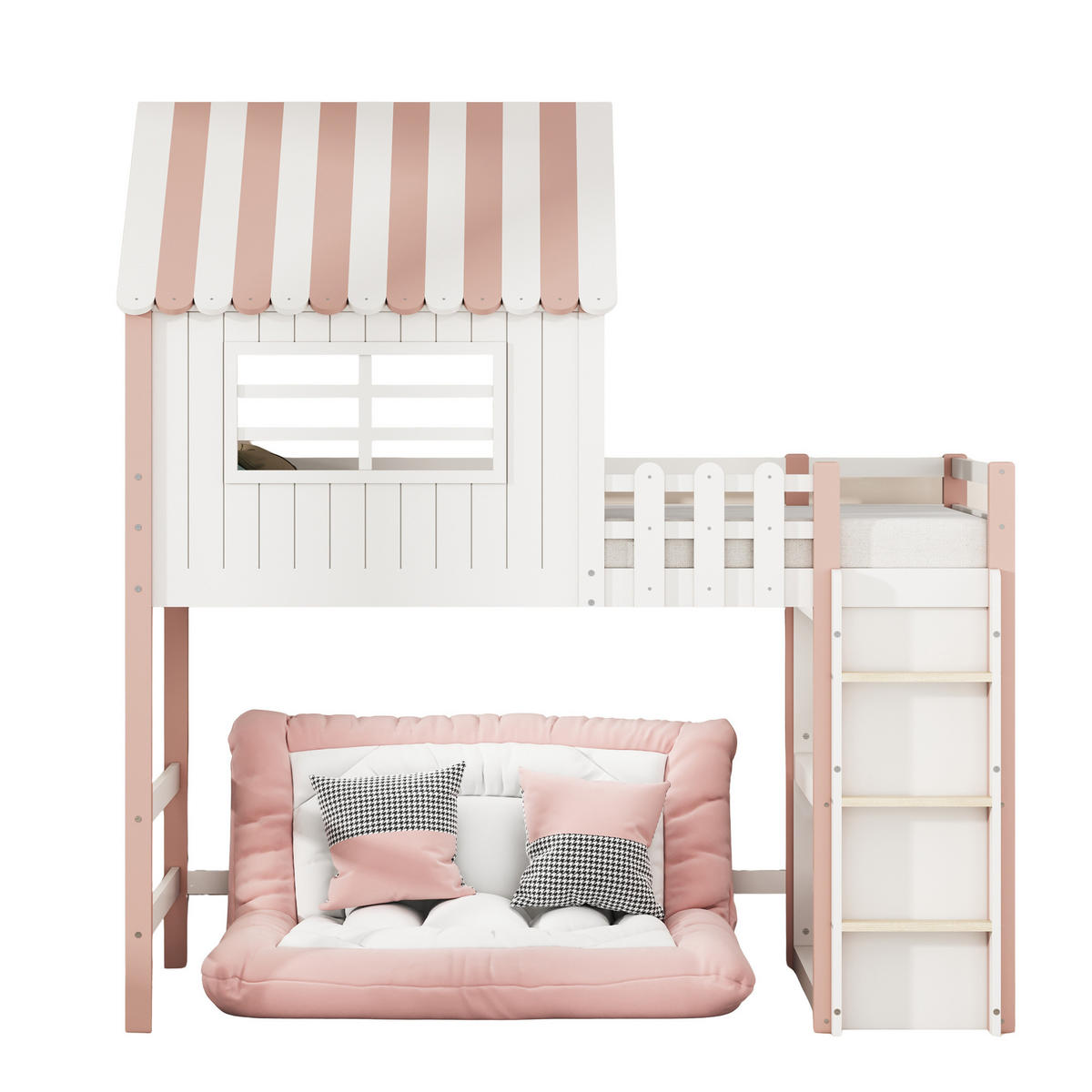 HOCHBETT 90/200 cm Rosa Hausbett mit Sicherheitsleiter und Stauraum - Pink, Holz (90/200cm) - OKWISH