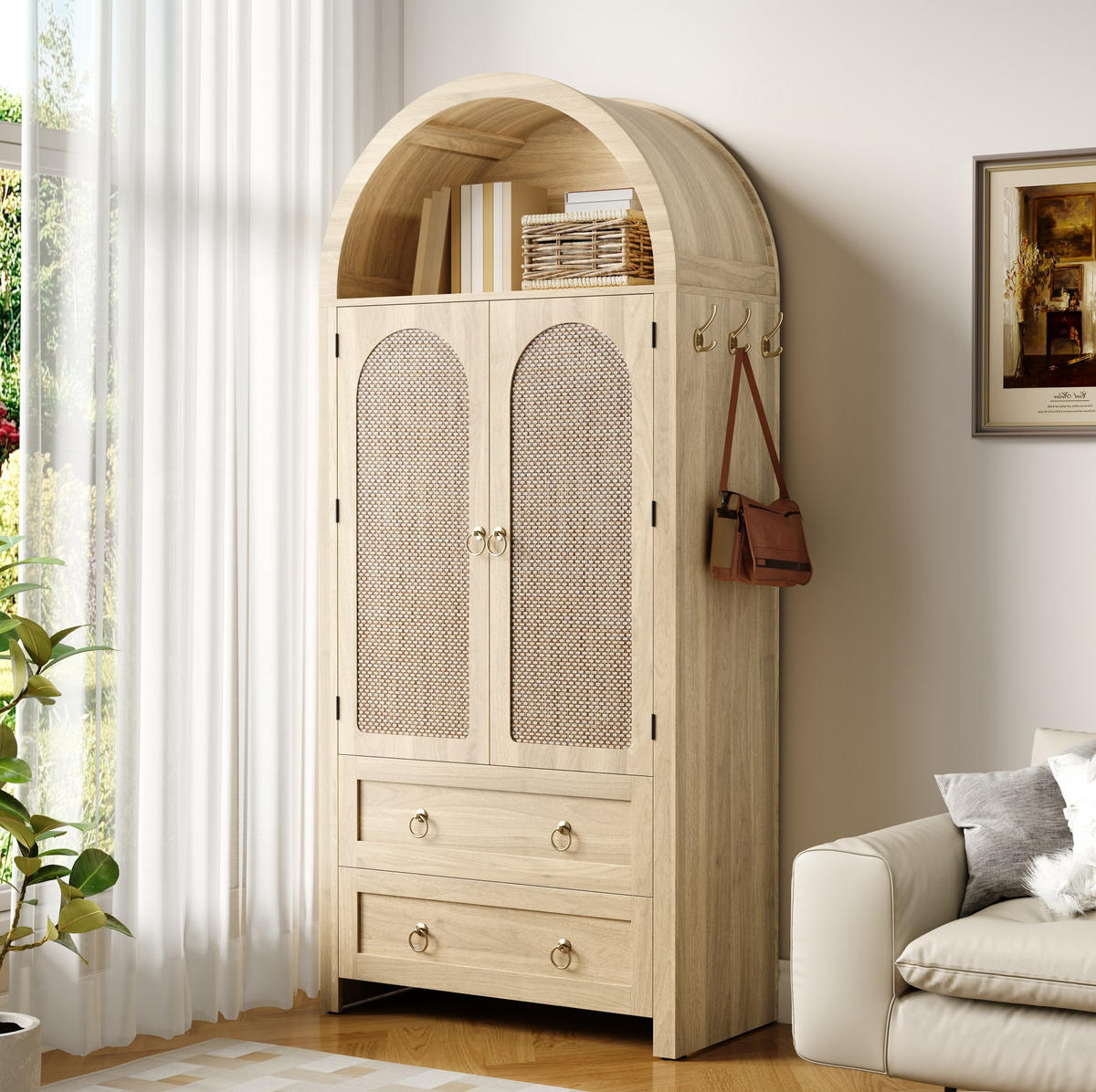 KOMODA z MDF, 80/40/180 cm, dubová farba, s ratanovými dvierkami a zásuvkami - farba duba, kompozitné drevo (80/180/40cm) - BEAOK