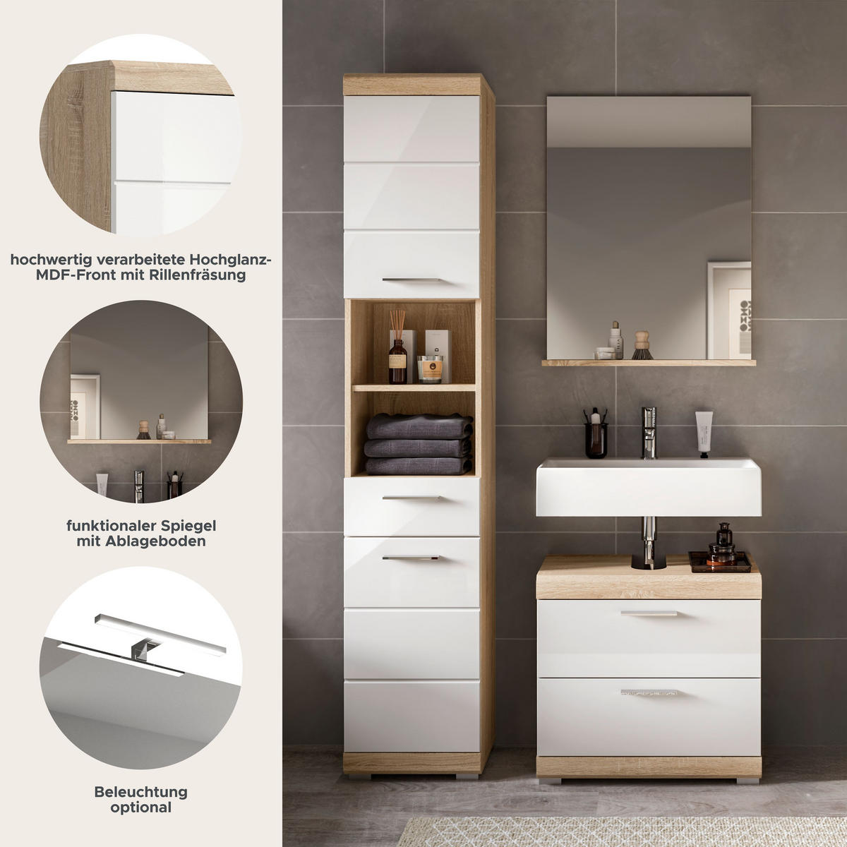 BADKOMBINATION 3tlg. Lambada Bad in Sonoma Eiche hell und weiß hochglanz B/H/T: 112x191x34 cm - Sonoma Eiche, Holz (112/191/37cm)