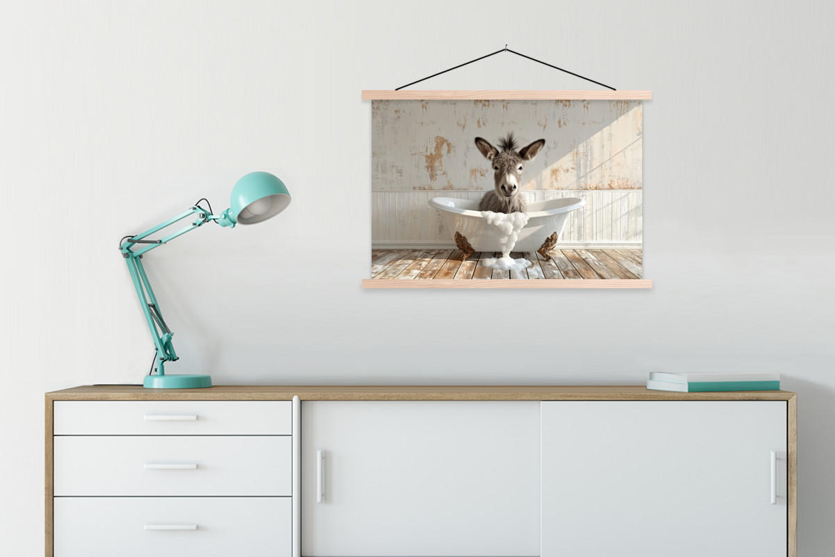 POSTER Esel - Tiere - Badewanne - Schaumstoff 90x60 cm - Weiß, Textil (90/60/0.15cm) - MuchoWow