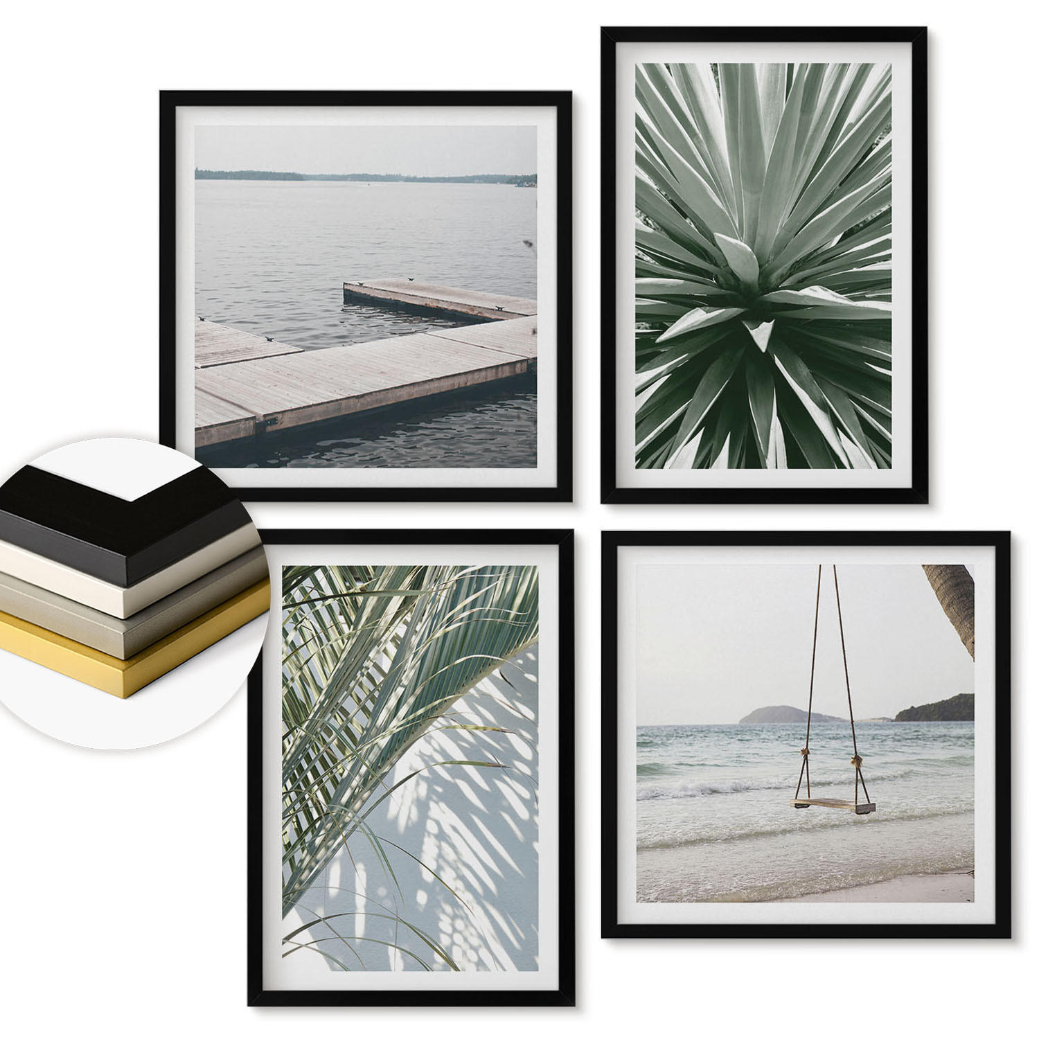 WANDBILDER 4er-Set - 50x50 cm & 40x60 cm Schwarzer Rahmen - Hängebrücke aus Palmenblättern - Schwarz, Kunststoff (50/50cm) - ArtPrintCave
