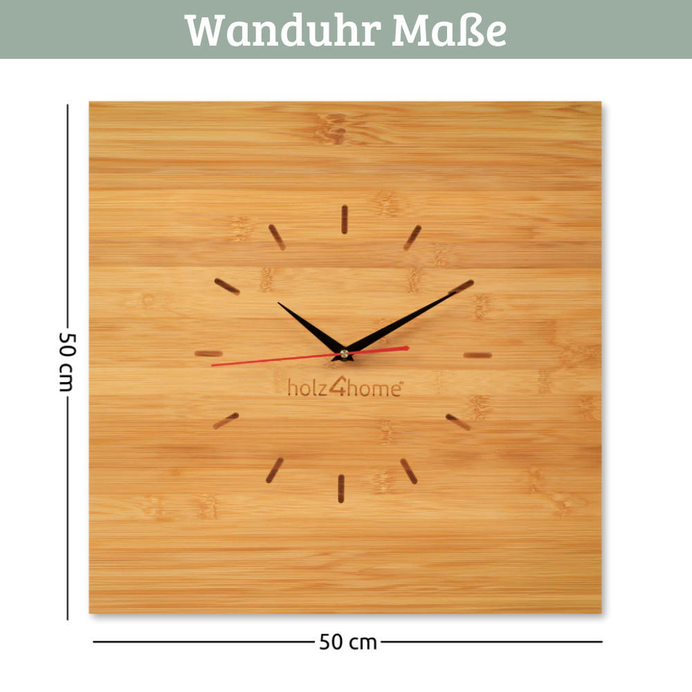 WANDUHR groß Holz BAMBUS 50x50 cm Quadratisch Geräuschlos - Braun, Holz (50/50/2cm) - DELUKE