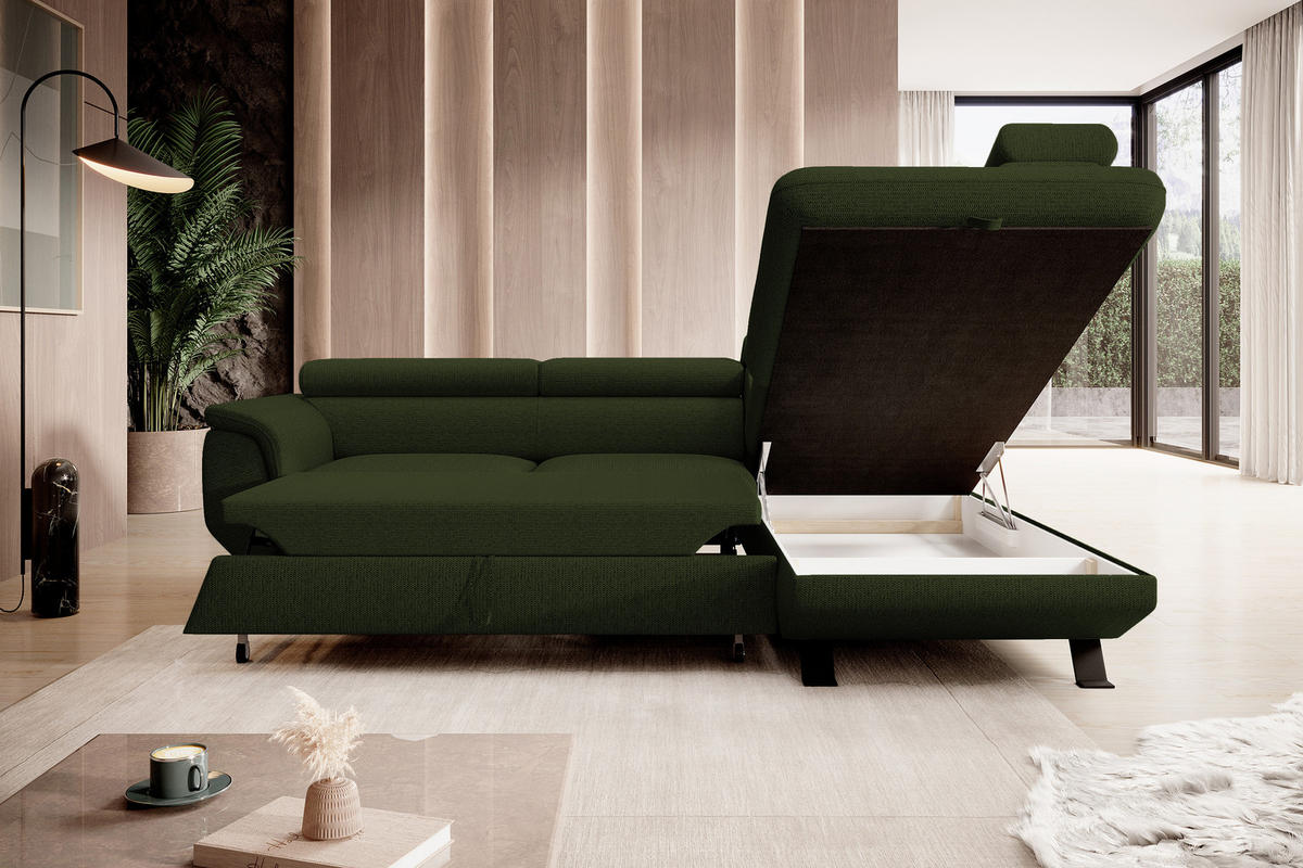 ECKSOFA Raven L mit Schlaffunktion und Bettkasten, Freistehend, Polstersofa mit Verstellbaren Kopfstützen, 257x198x96 cm – Rechte, Dunkelgrün - Waldgrün, Holz/Textil (256/198cm) - DomoHome