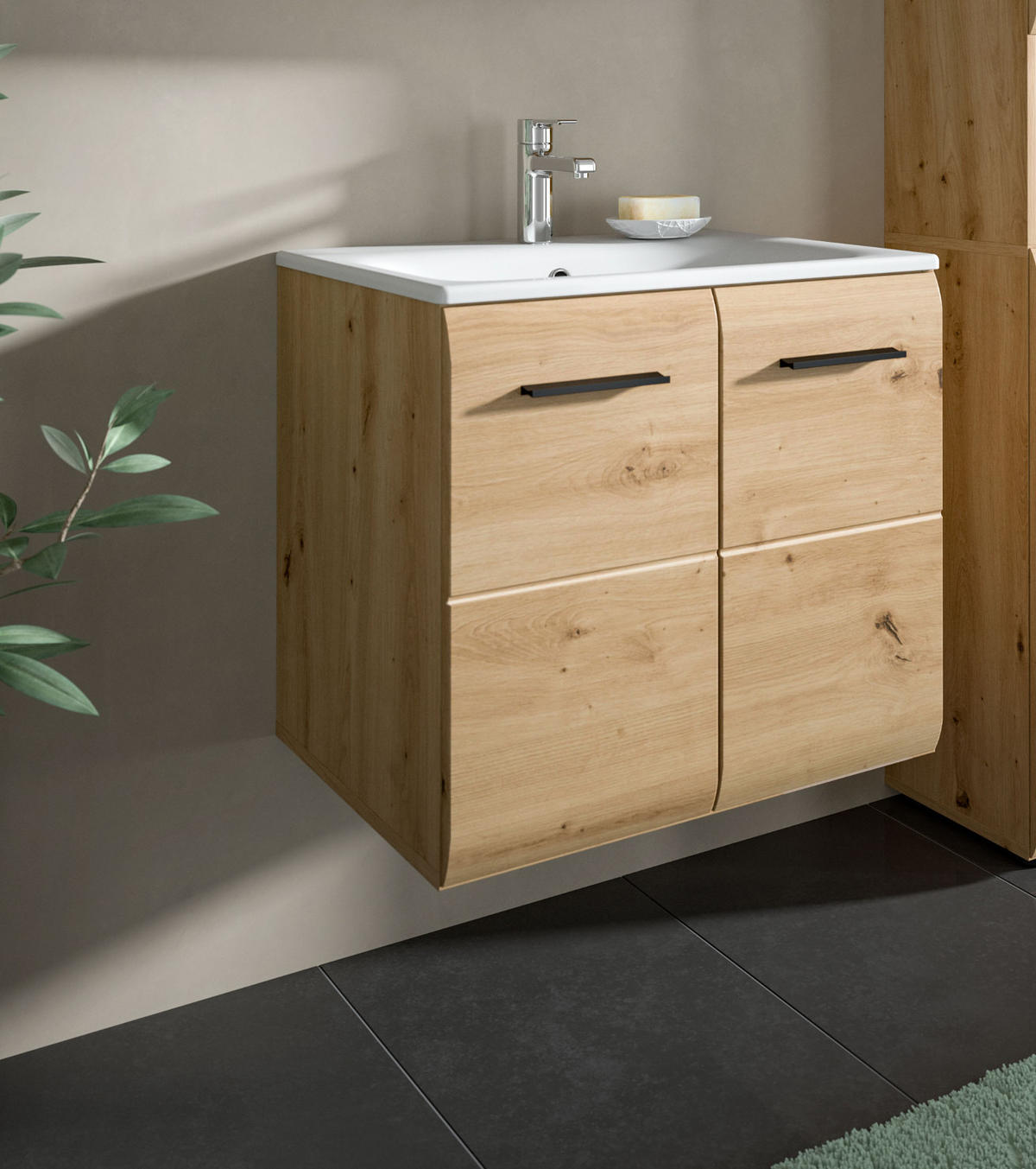 WASCHTISCH Eiche Artisan, Set Waschbeckenunterschrank hängend mit Waschbecken, Breite 60 cm - Schwarz/Eiche Artisan, Keramik/Holzwerkstoff (60/55/46cm) - Inn.Furn