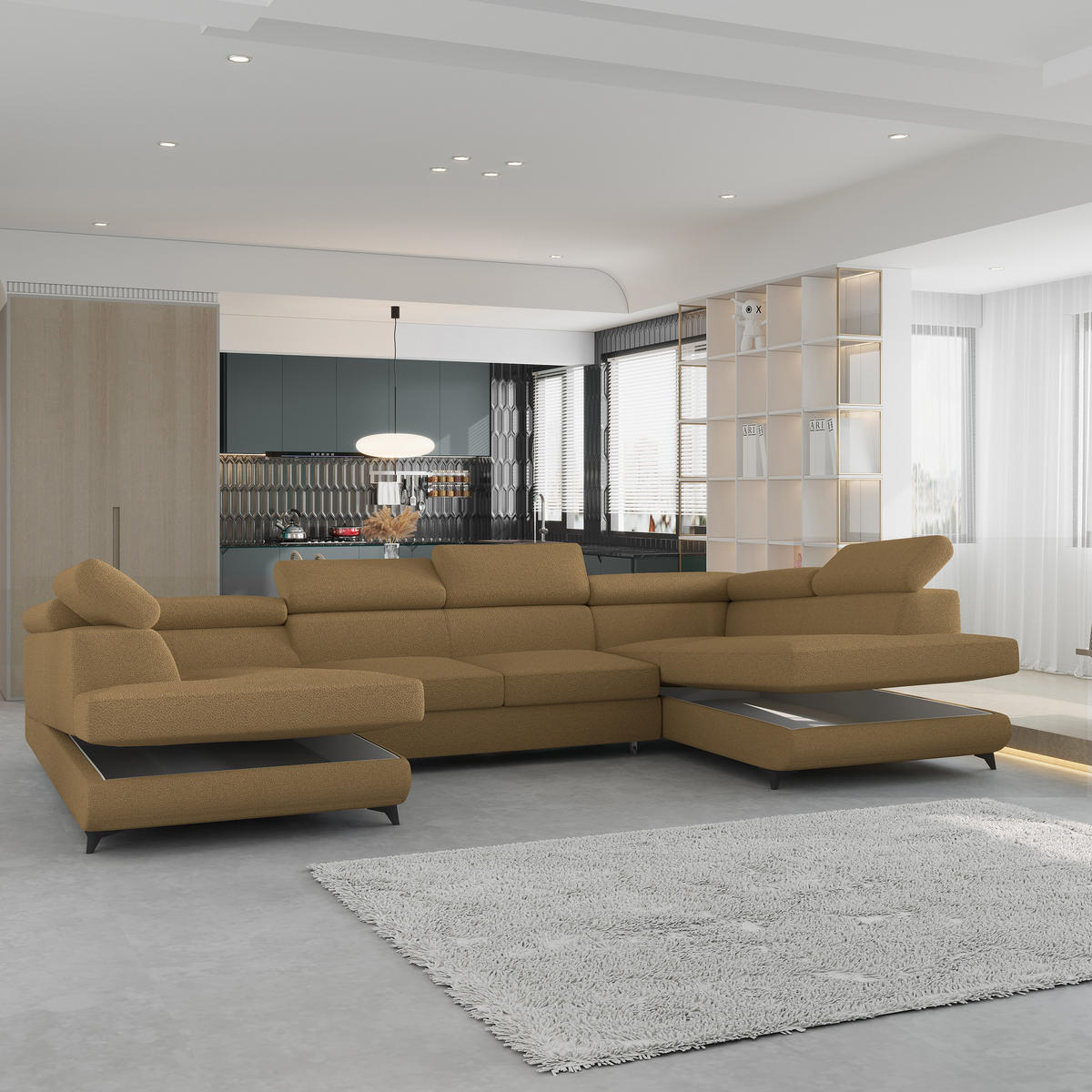 WOHNLANDSCHAFT VINTESSA Orange Boucle-Stoff mit Schlaffunktion - Orange, Holz (323/89/190cm) - MASSENO