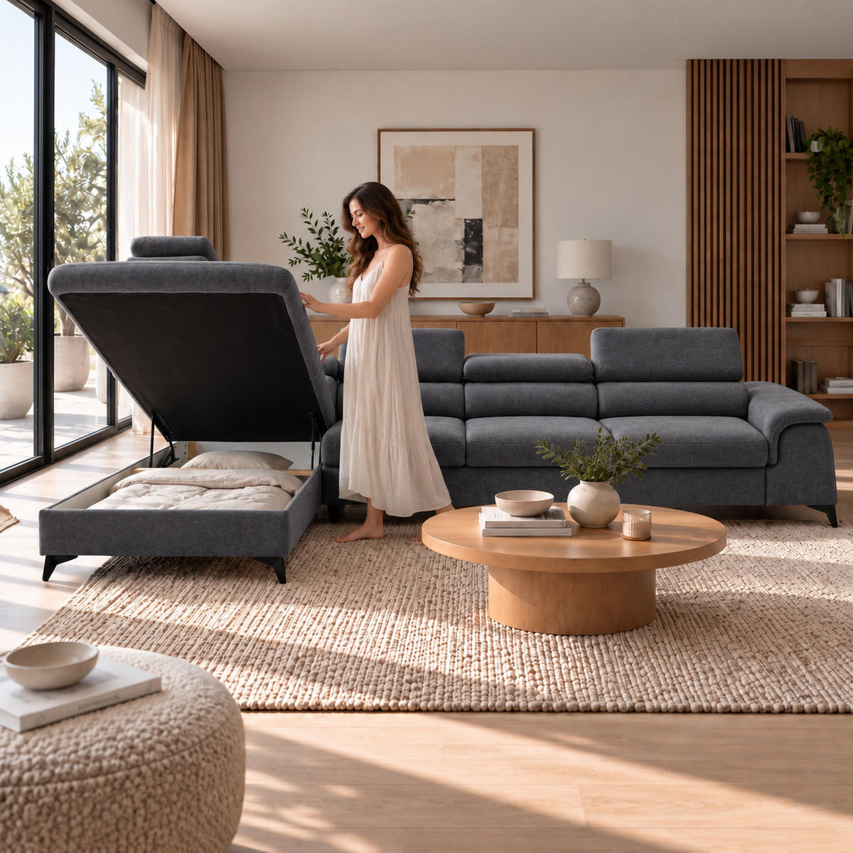 ECKSOFA PLAZA MAXI Links mit Schlaffunktion 127x195 Velours Dunkelgrau - Dunkelgrau/Schwarz, Holz/Textil (350/203cm) - Muffo