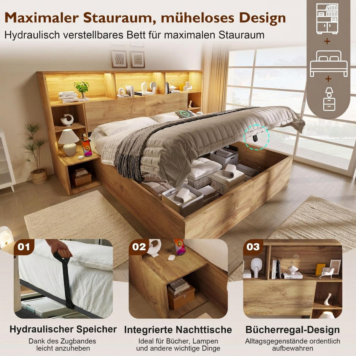 POLSTERBETT 160/200 cm Eiche mit integrierten Nachttischen, LED und USB-C, Ohne Matratze - Eichefarben, Holz (160/200cm) - Oxeza