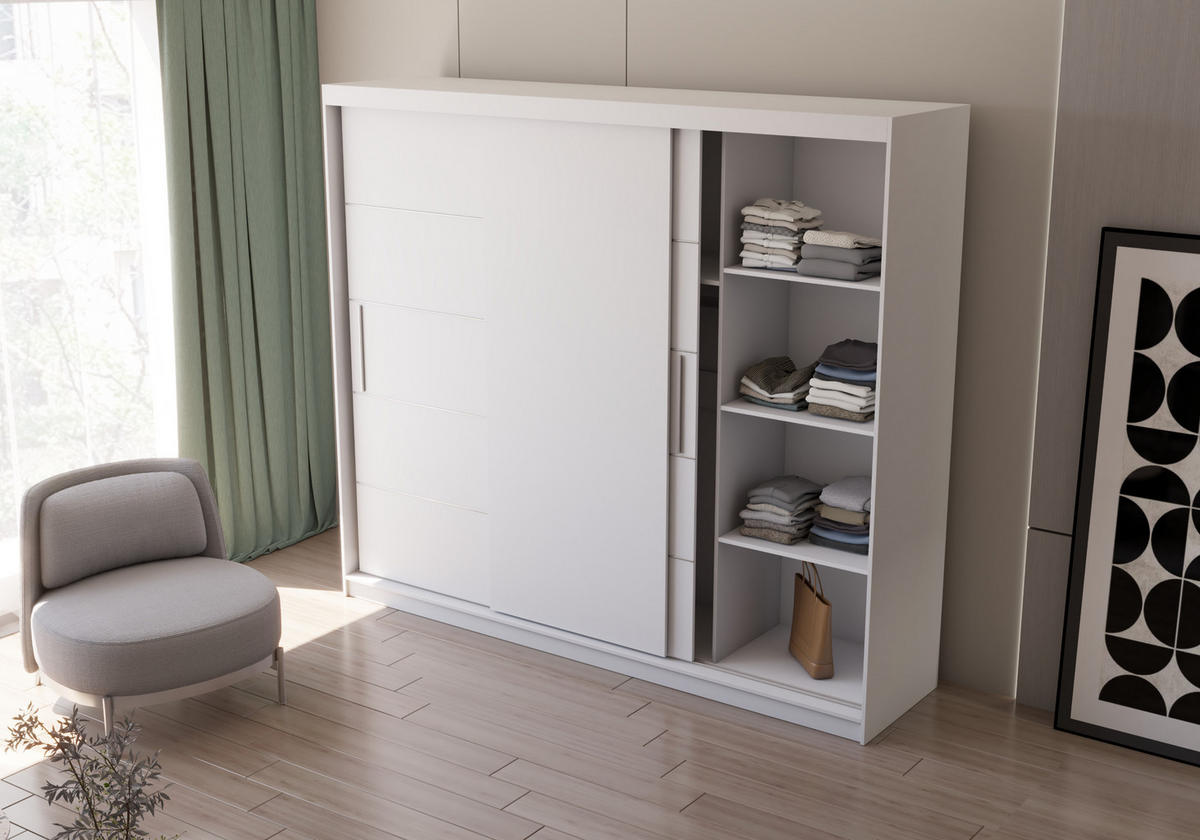 SCHWEBETÜRENSCHRANK ALBA ohne Spiegel Weiß, mit Profil LED 250cm - Alufarben/Weiß, Holzwerkstoff/Kunststoff (250/218/61cm) - imoebel24
