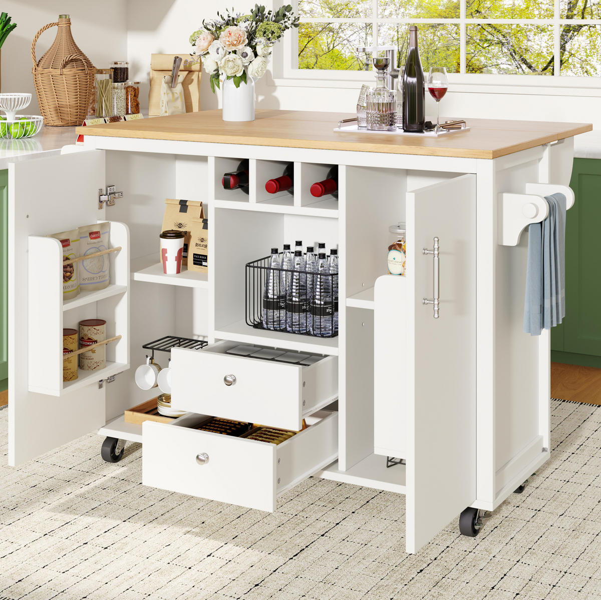 KÜCHENINSEL 137,9/73/92,2 cm aus MDF/Metall mit klappbarer Arbeitsplatte Weiß - Weiß, Holzwerkstoff (137.9/92/73cm) - Modenvie
