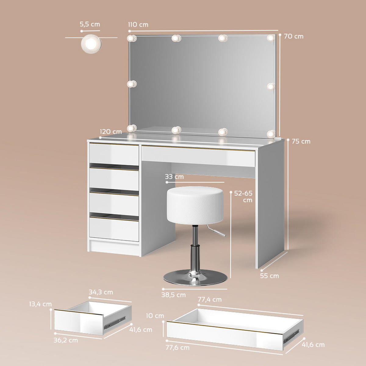 SCHMINKTISCH Imola Weiß/Gold mit LED Beleuchtung und Hocker - Goldfarben/Weiß, Holzwerkstoff (120/75/55cm) - Livinity®