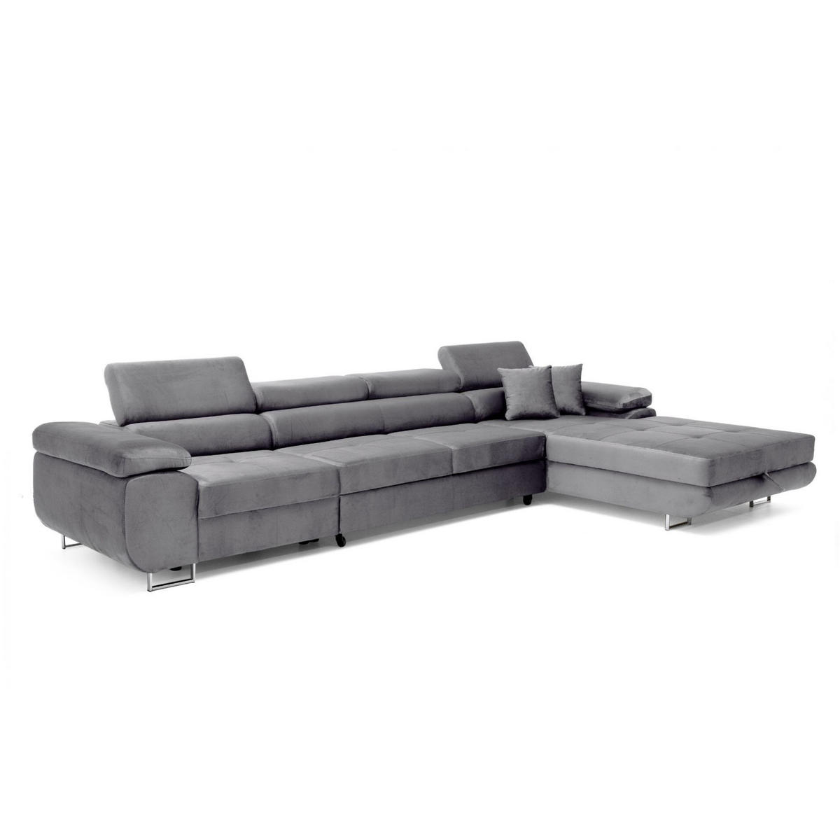 ECKSOFA ALONZO MAXI Rechts mit Schlaffunktion 125x195 Velours Grau - Silberfarben/Grau, Holz/Textil (203/350cm) - Muffo
