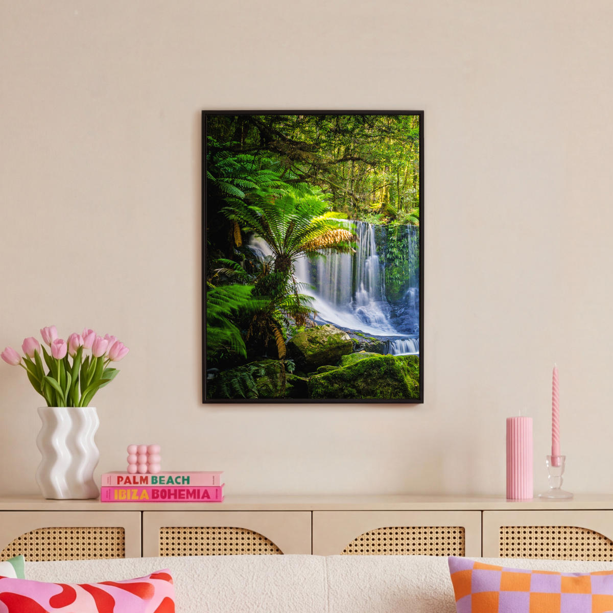 LEINWAND Bilder mit Rahmen - Dschungel - Wasserfall - Australien - Pflanzen - Natur - 60x80 - Dunkelgrün, Textil (60/80cm) - MuchoWow