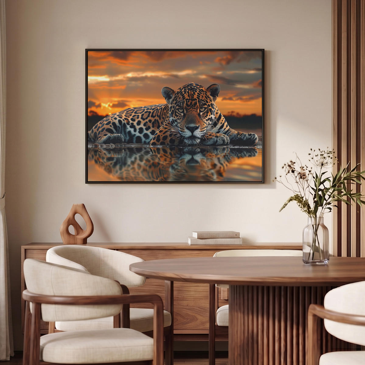 LEINWAND Bilder mit Rahmen - Natur - Leopard - Tier - Sonnenuntergang - Modern - 100x70 - Orange, Textil (100/70cm) - MuchoWow