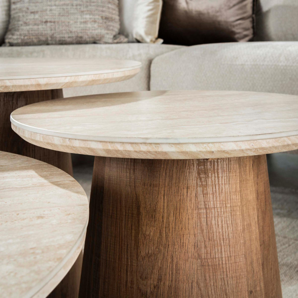 COUCHTISCH-SET ROMANO CIRCOLO 3-teilige runde Satztische in Travertin-Optik - Beige/Braun, Keramik (80/80/35cm) - alesvelt