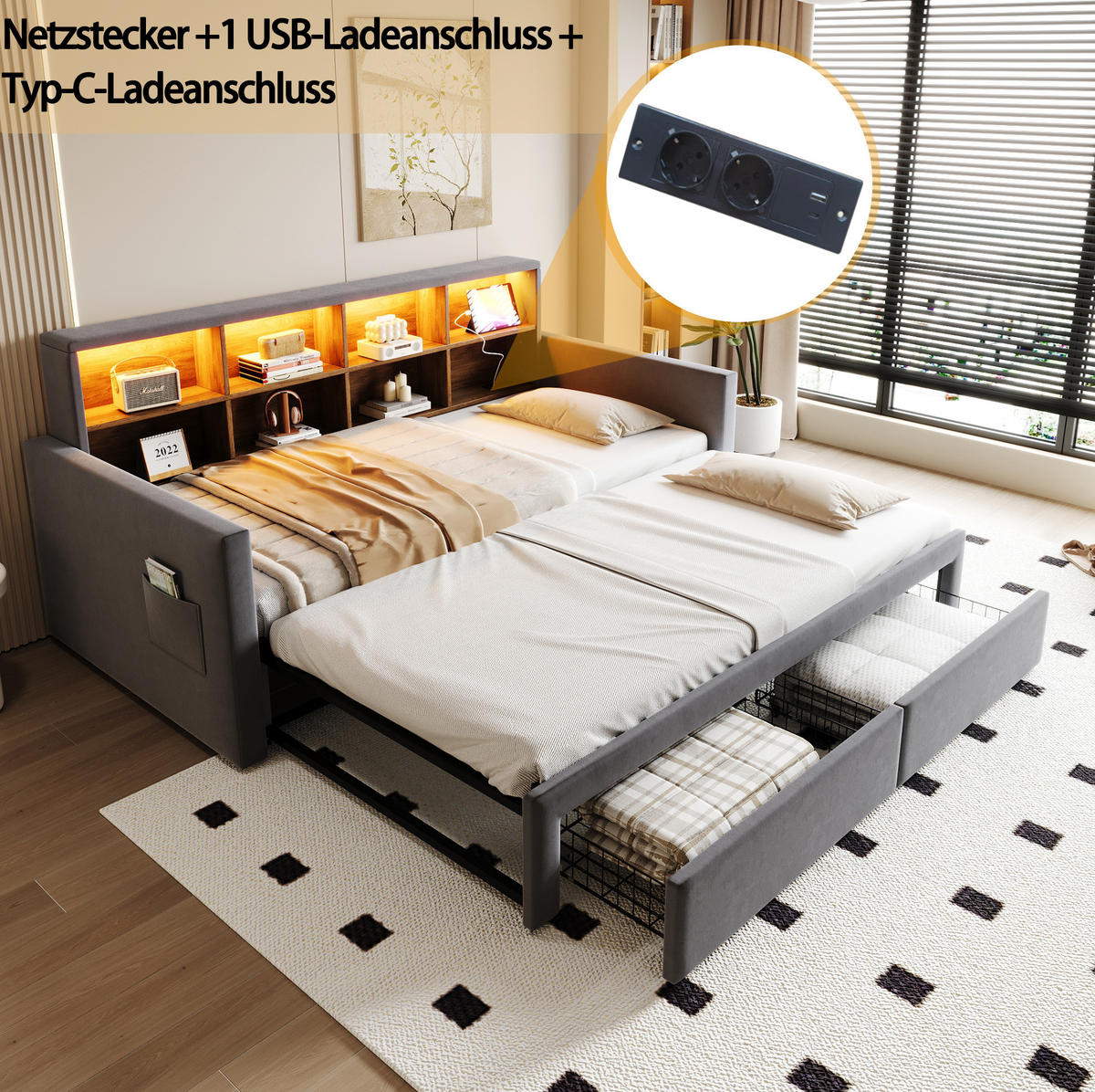 SAMT-POLSTERBETT 90/190 cm mit LED-Beleuchtung, Ausziehfunktion und Stauraum - Dunkelgrau, Textil (90/190cm) - BEAOK