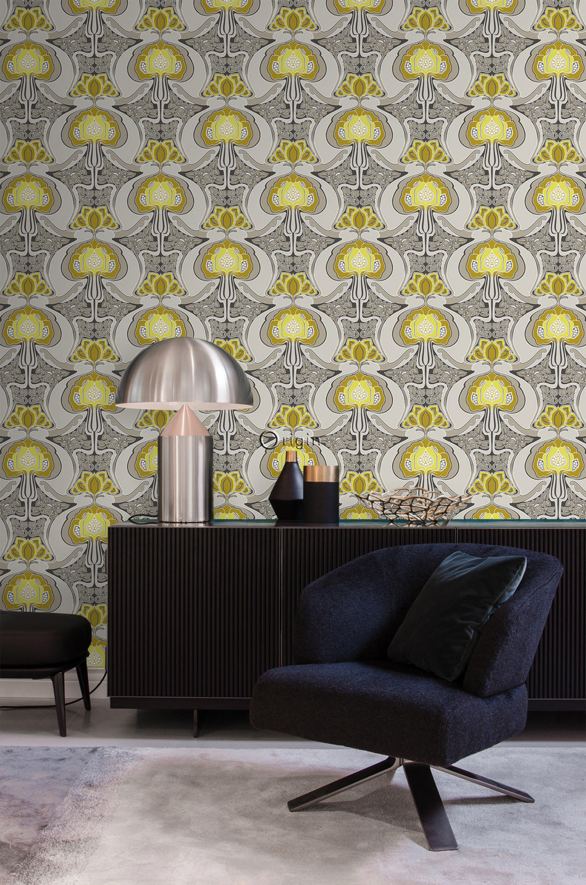 TAPETE Jugendstil-Blumenmuster 53 cm x 10.05 m - Gelb, Papier (53/1000cm) - Origin Wallcoverings