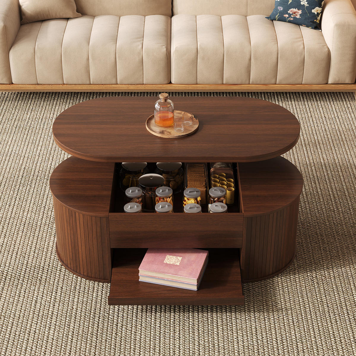 COUCHTISCH Anhebbar Walnussoptik Gebogene Holzseiten Ausziehbares Regal - Braun, Holz (125.1/60.96/14.61cm) - FLIEKS