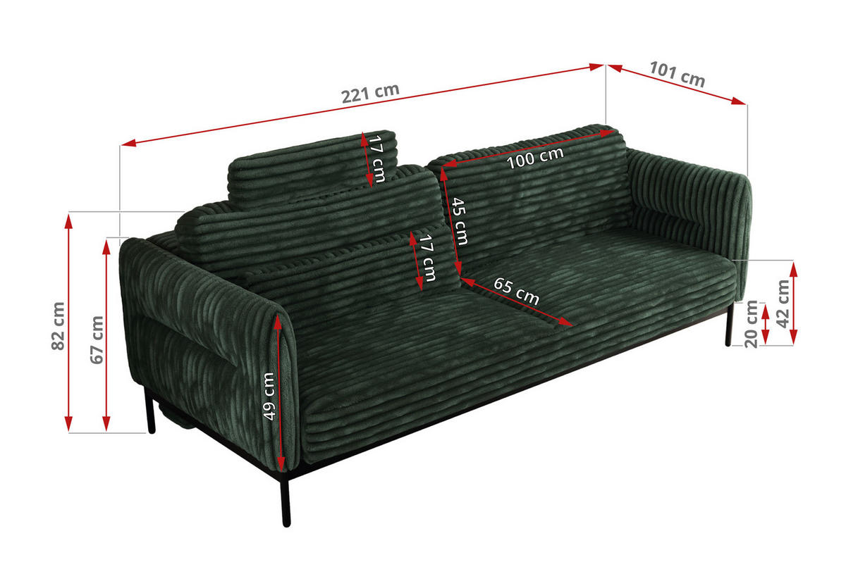 SOFA SALENTO Grün Cord - Schwarz/Grün, Textil/Metall (221/82/101cm) - MKS
