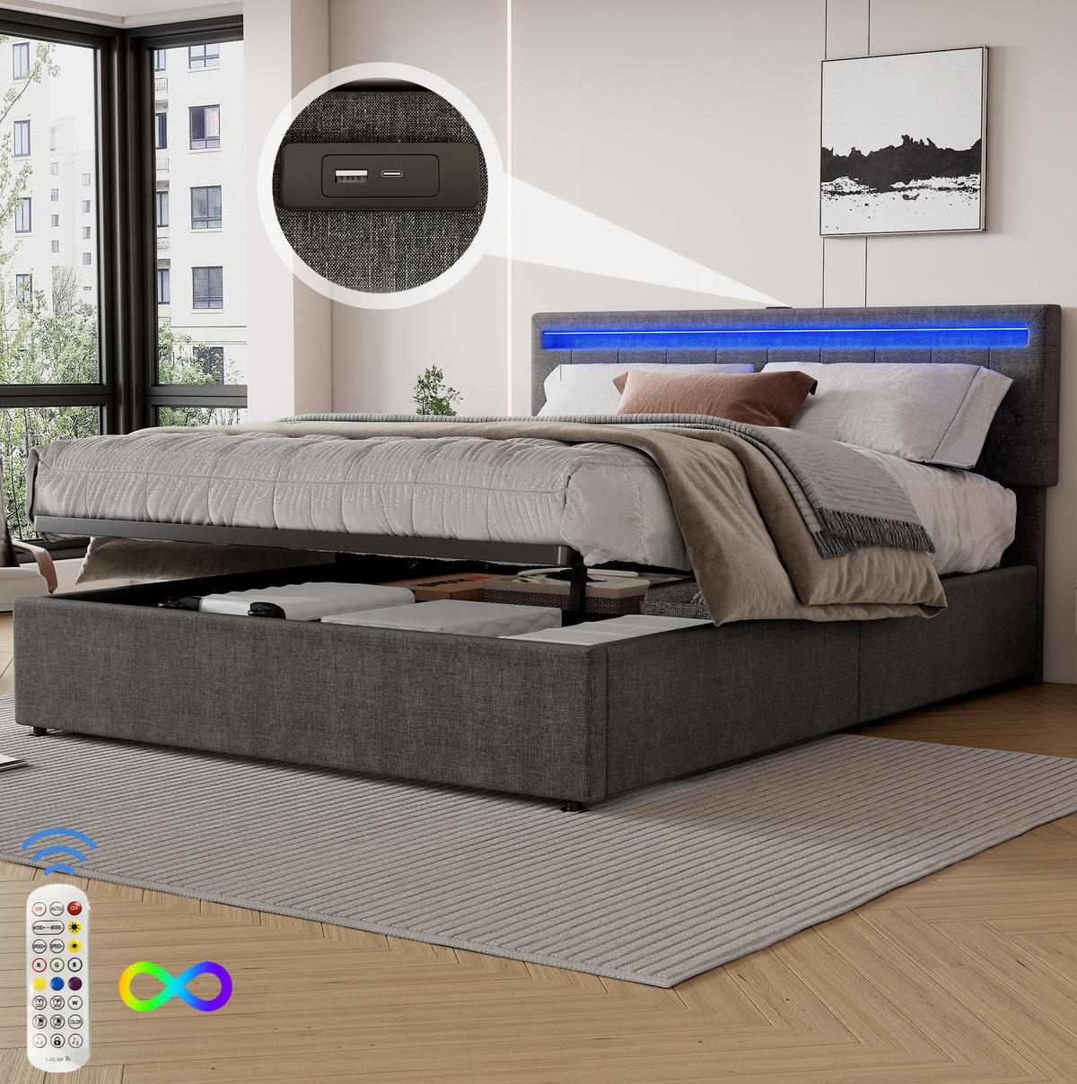 POLSTERBETT 160/200 cm Grau mit LED-Umgebungslicht und USB-Anschluss Ohne Matratze - Grau, Textil (160/200cm) - OKWISH