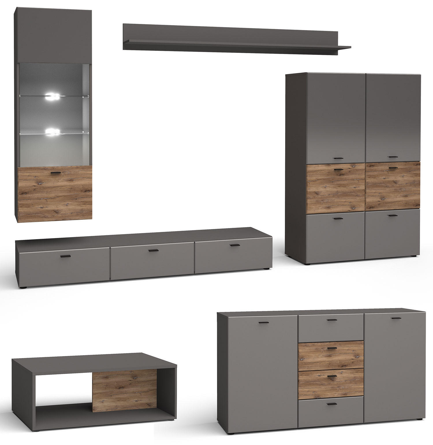 WOHNWAND Oviedo graphit matt / Flagstaff Eiche 6-teilig - Graphitfarben/Braun, Holz/Holzwerkstoff (450/144/60cm) - Feldmann-Wohnen