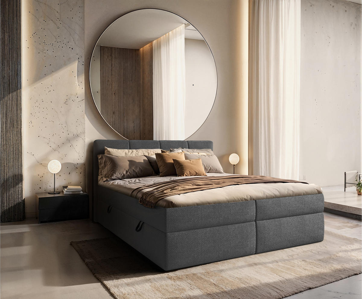 BOXSPRINGBETT Ruhe 180x200 – in anthrazitgrau, Kaltschaum-Topper, großem Bettkasten - Anthrazit, Textil (180/200cm)