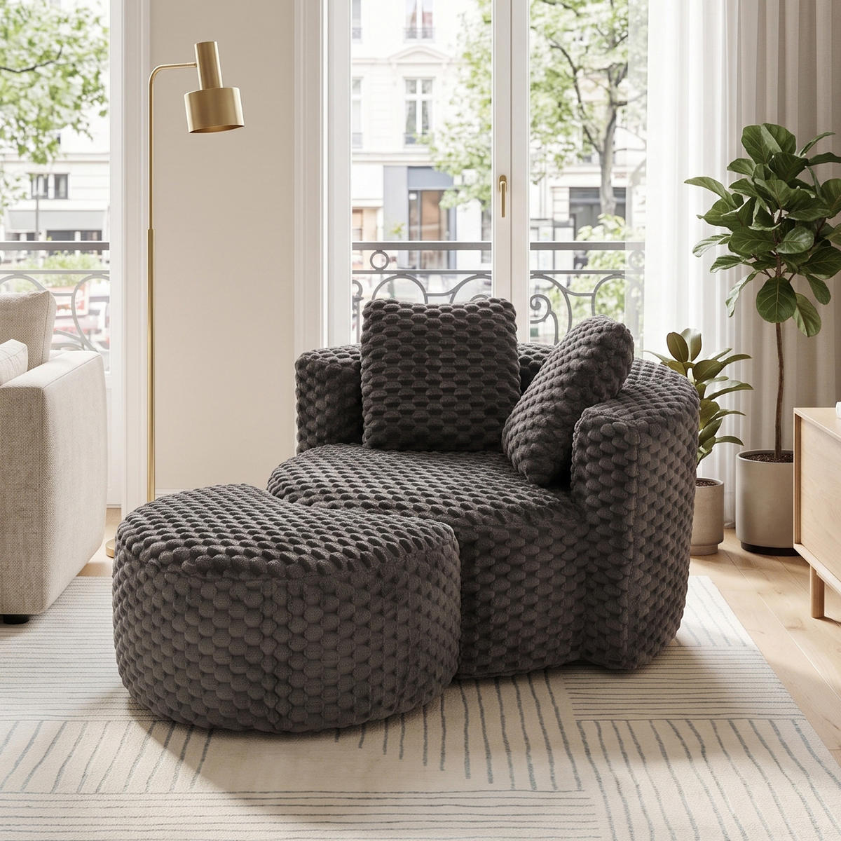 LOUNGESESSEL Mit Hocker Übergroß Rund Komprimiert Ohne Montage - Dunkelgrau, Textil (129/65/116cm) - Urban Meuble