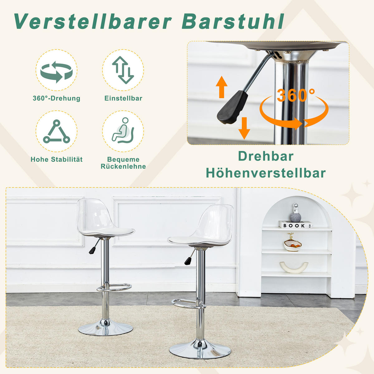 BARHOCKER 2er-Set Weiß und Silber mit Rückenlehne, höhenverstellbar und drehbar - Weiß, Metall (33/82/40.5cm) - PANGIVO