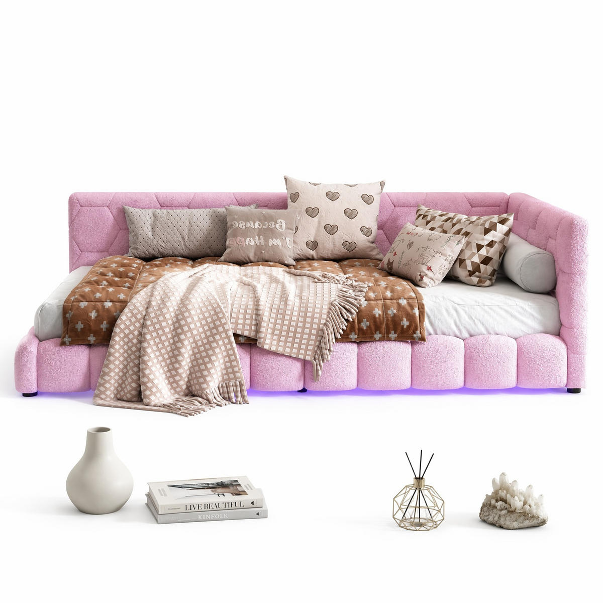 SCHLAFSOFA 90/200 cm in Rosa Samt mit LED, USB und Type-C - Rosa, Holzwerkstoff/Textil (90/200cm) - CHICFURN