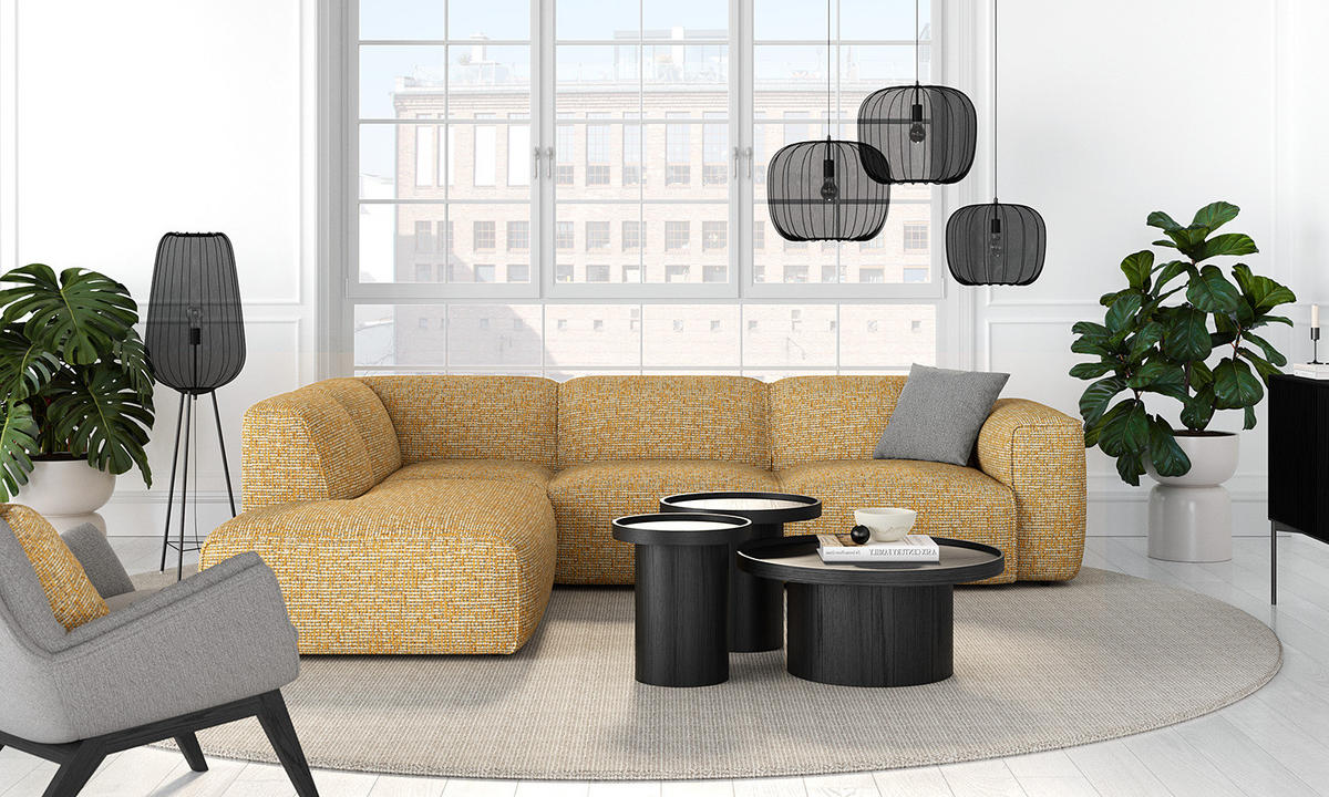3-SITZER ECKSOFA mit Recamiere - Schwarz/Honig, Kunststoff/Textil (295/231cm) - home24