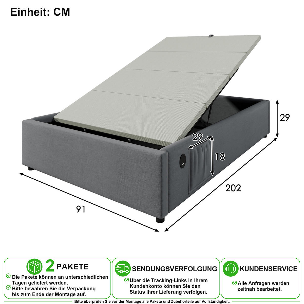 ČALOUNĚNÁ POSTEL 90/200 cm v šedé barvě s úložným prostorem, USB a Type-C - šedá, kov/kompozitní dřevo (90/200cm) - CHICFURN