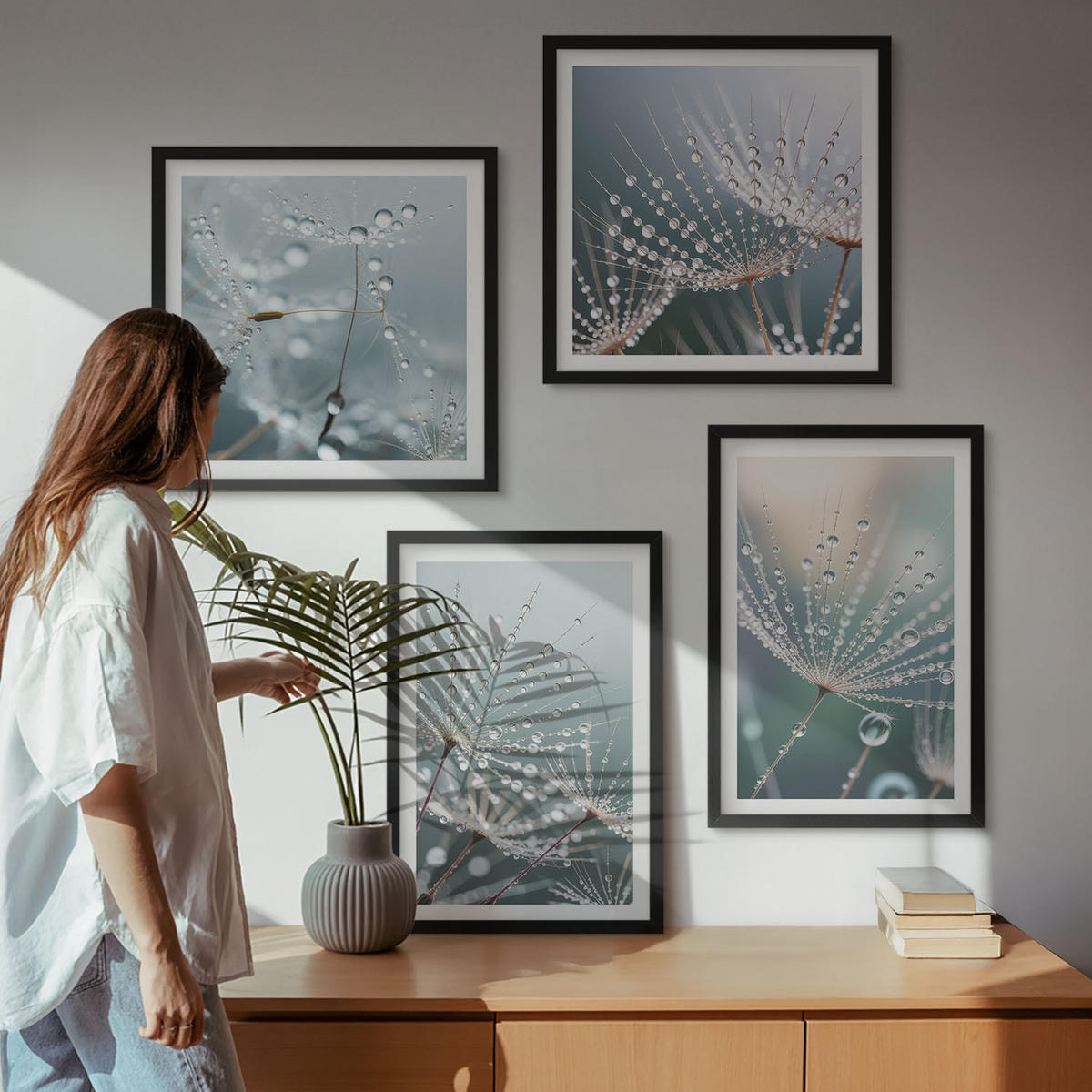 BILDER SET 4er Set - 50x50 cm & 40x60 cm Schwarzer Rahmen - Wassertropfen auf Löwenzahnsprossen - Schwarz, Kunststoff (50/50cm) - TULUP