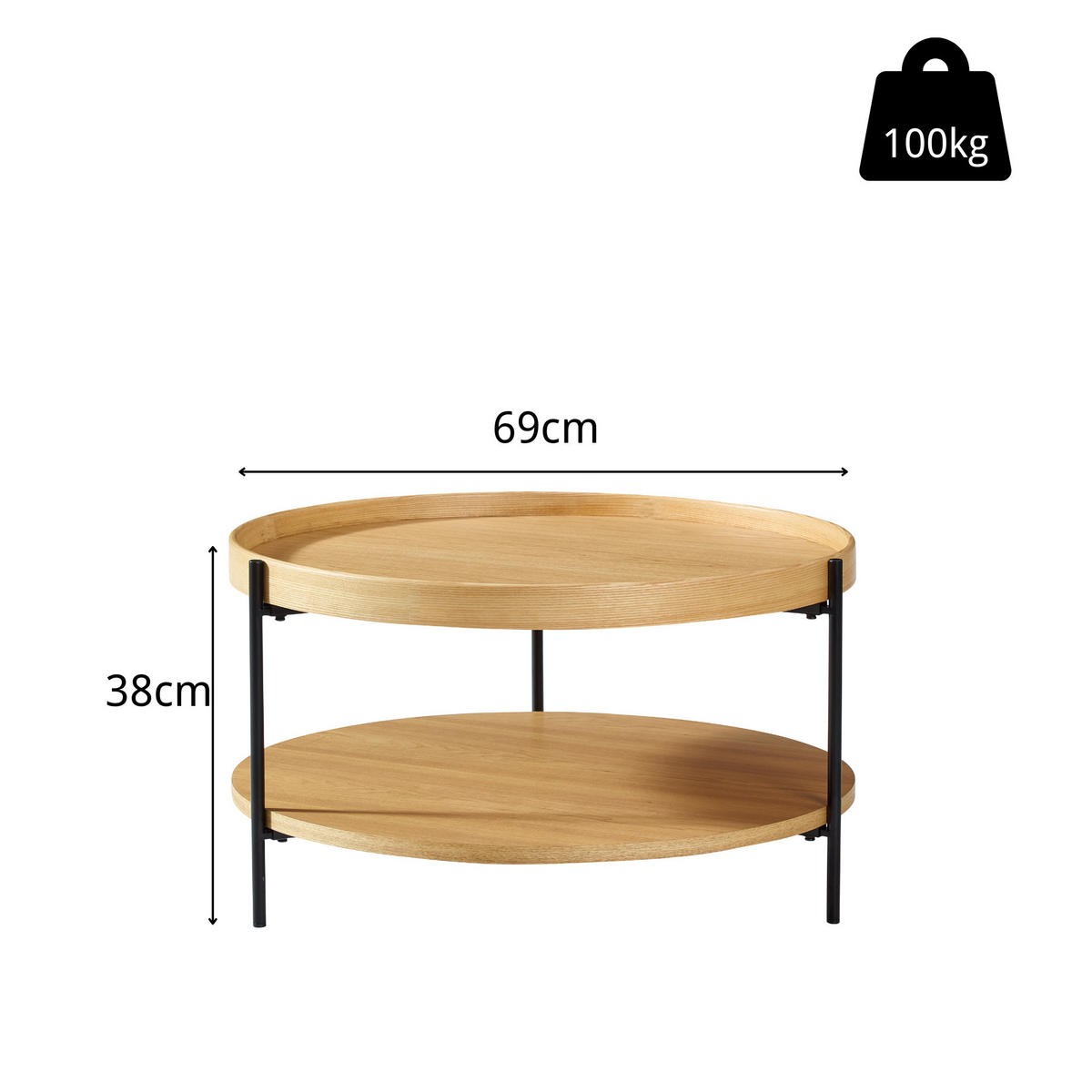 RUNDER COUCHTISCH Walnuss - Naturfarben, Metall (69/69/38cm)