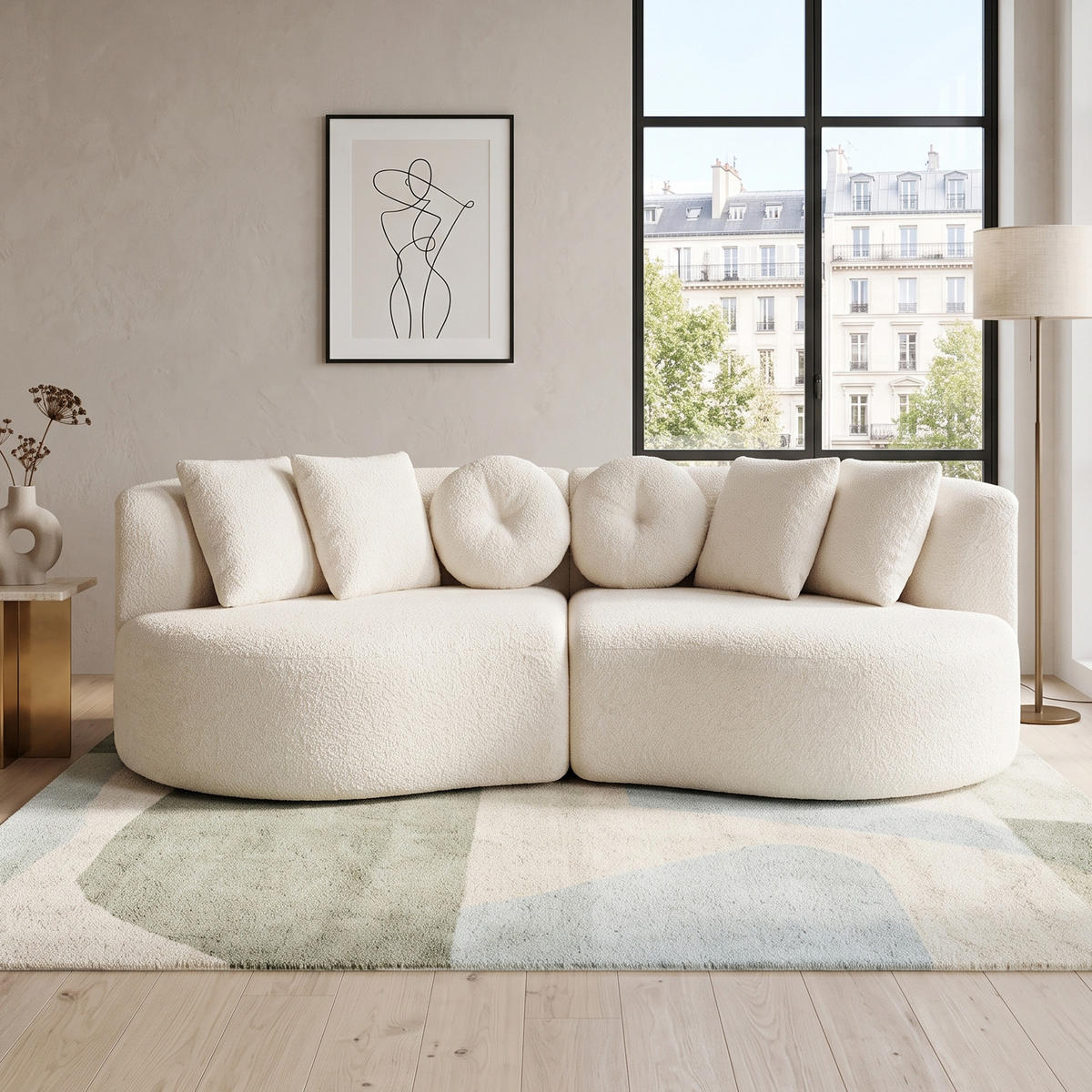 3-SITZER SOFA Geschwungenes Modulares Chenille Cashew - Beige, Textil (223/79/109cm) - Urban Meuble