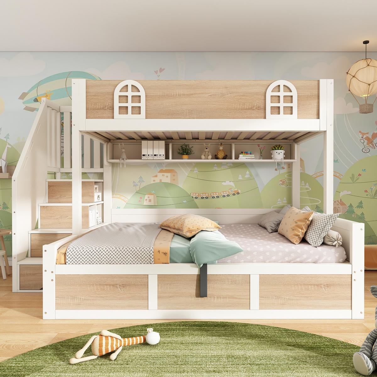 ETAGENBETT 90/200 cm & 140/200 cm in Weiß & Natur mit Stauraum, Regal und 4 Stufen - Weiß/Naturfarben, Holz/Holzwerkstoff (140/200cm) - WISHDOR