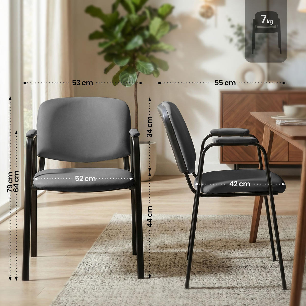 BESUCHERSTUHL Lederlook Grau - Schwarz/Grau, Textil/Metall (53/79/55cm) - CLP