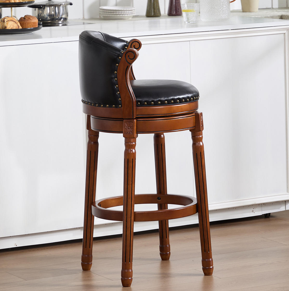 BARHOCKER drehbar Sitzhöhe ca. 75 cm Leder Holz Schwarz - Schwarz, Holz (54.8/96/54.8cm) - Meubliv