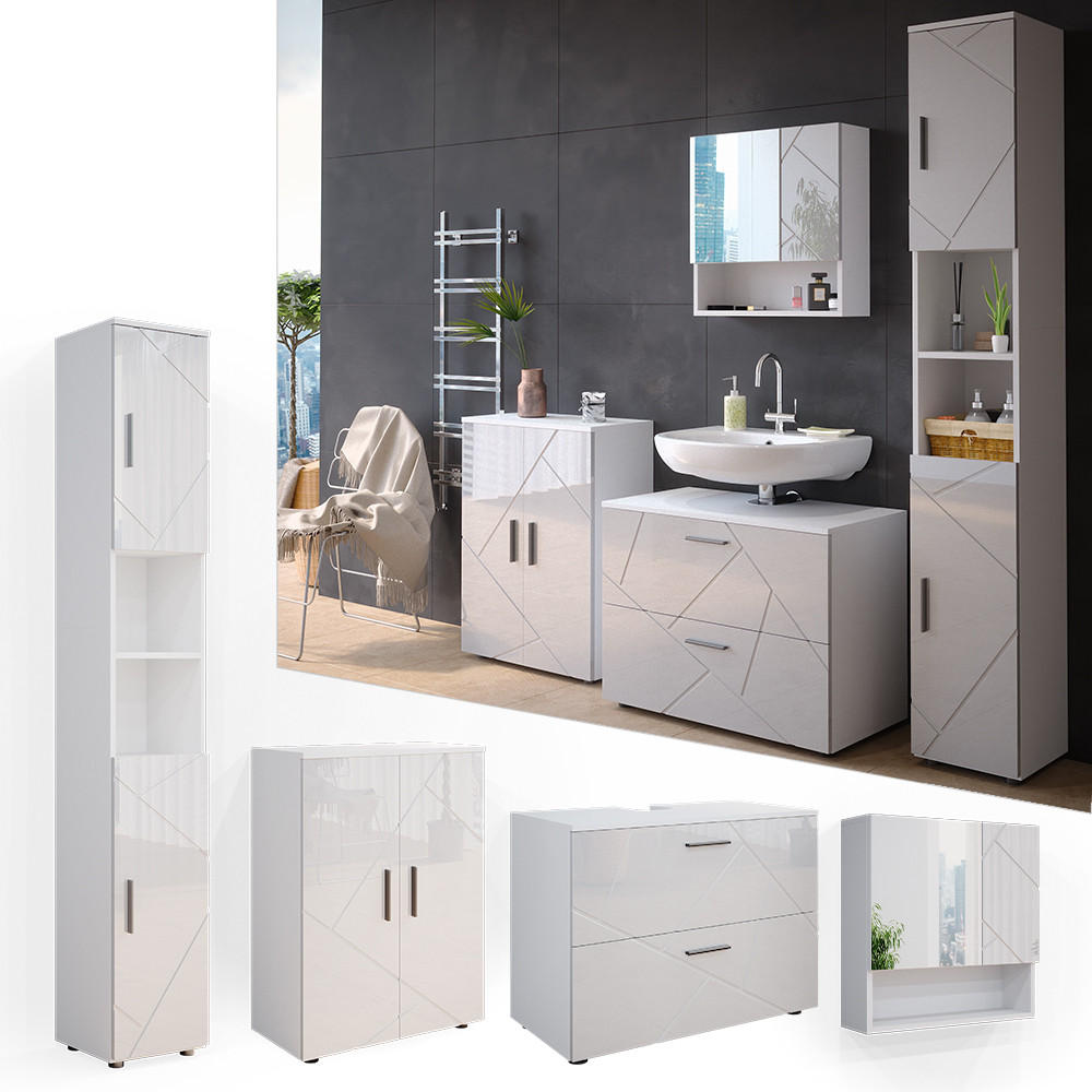 BADMÖBEL-SET Irma Weiß Hochglanz 4 Teile mit Schubladenschrank und Midischrank - Weiß Hochglanz/Weiß, Holzwerkstoff (80/58/41cm) - Vicco