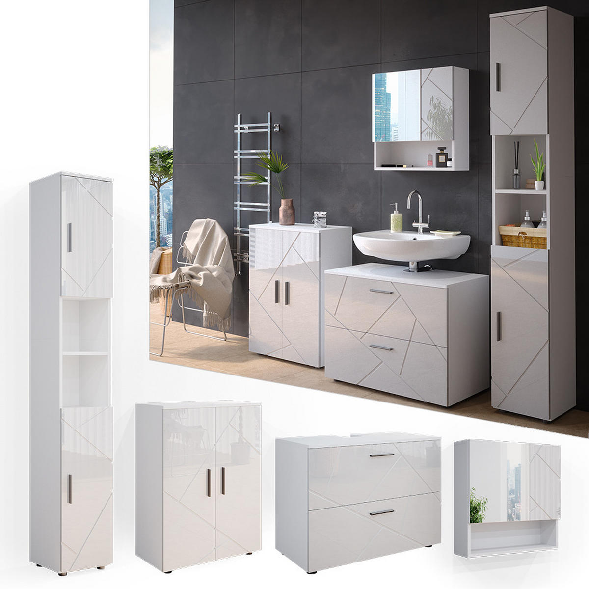 BADMÖBEL-SET Irma Weiß Hochglanz 4 Teile mit Schubladenschrank und Midischrank - Weiß Hochglanz/Weiß, Holzwerkstoff (80/58/41cm) - Vicco