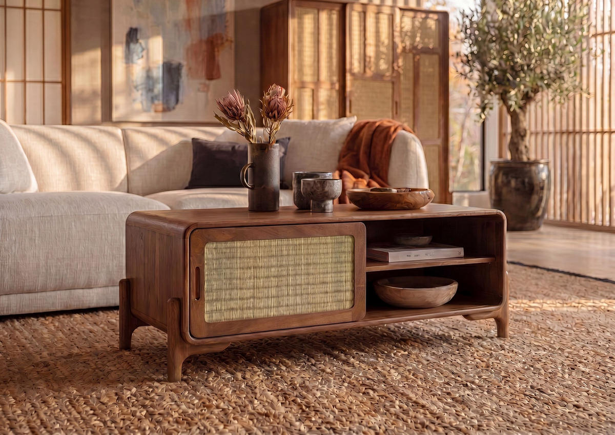 COUCHTISCH Mango/Seegras 120x70x45 hellbraun lackiert MIZUMI #115 - Braun, Holz (120/70/45cm) - Massivmoebel24