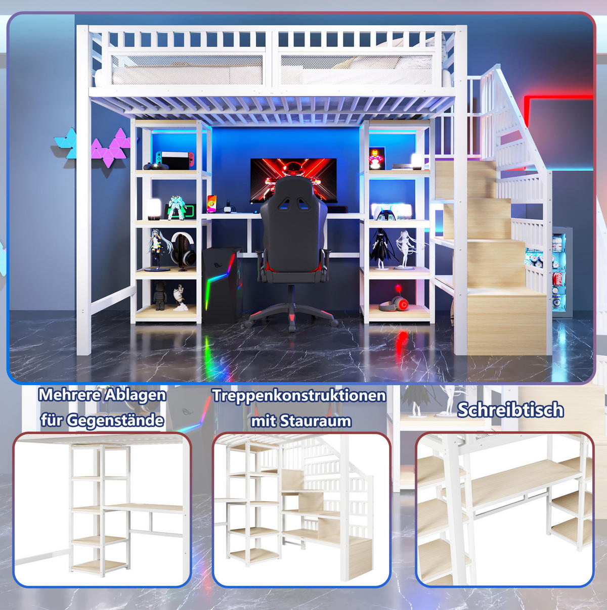 HOCHBETT 140/200 cm mit Schreibtisch, LED-Lichtleiste, USB-Anschluss, Stauraumleiter und Ablagen, Metall/MDF, Weiß - Weiß, Metall (140/200cm) - Redom