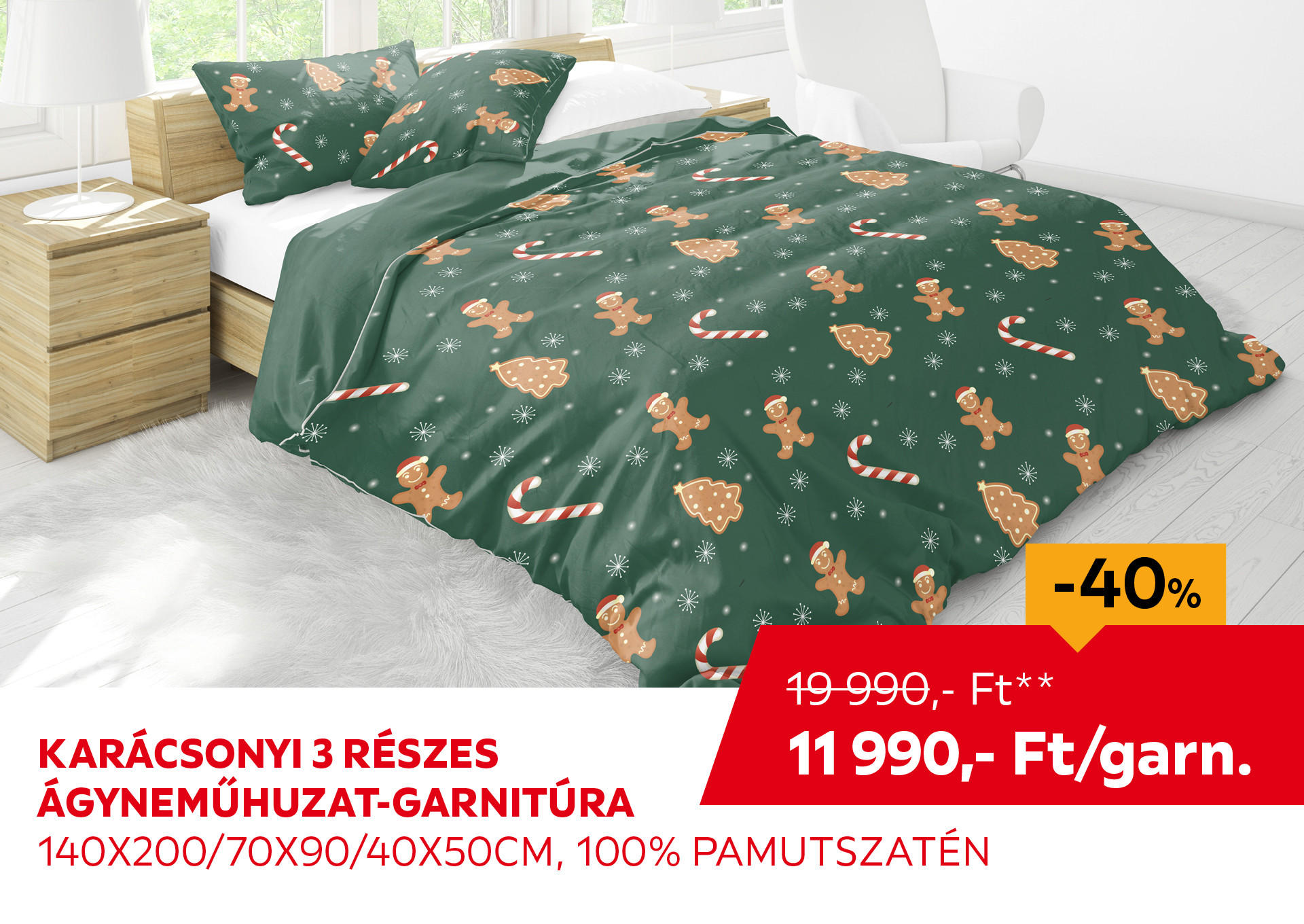 Karácsonyi 3 részes ágyneműhuzat-garnitúra  140x200/70x90/40x50 cm, 100% PAMUTSZATÉN Kiemelt termék 19990 Ft.- helyett 11990 Ft.-