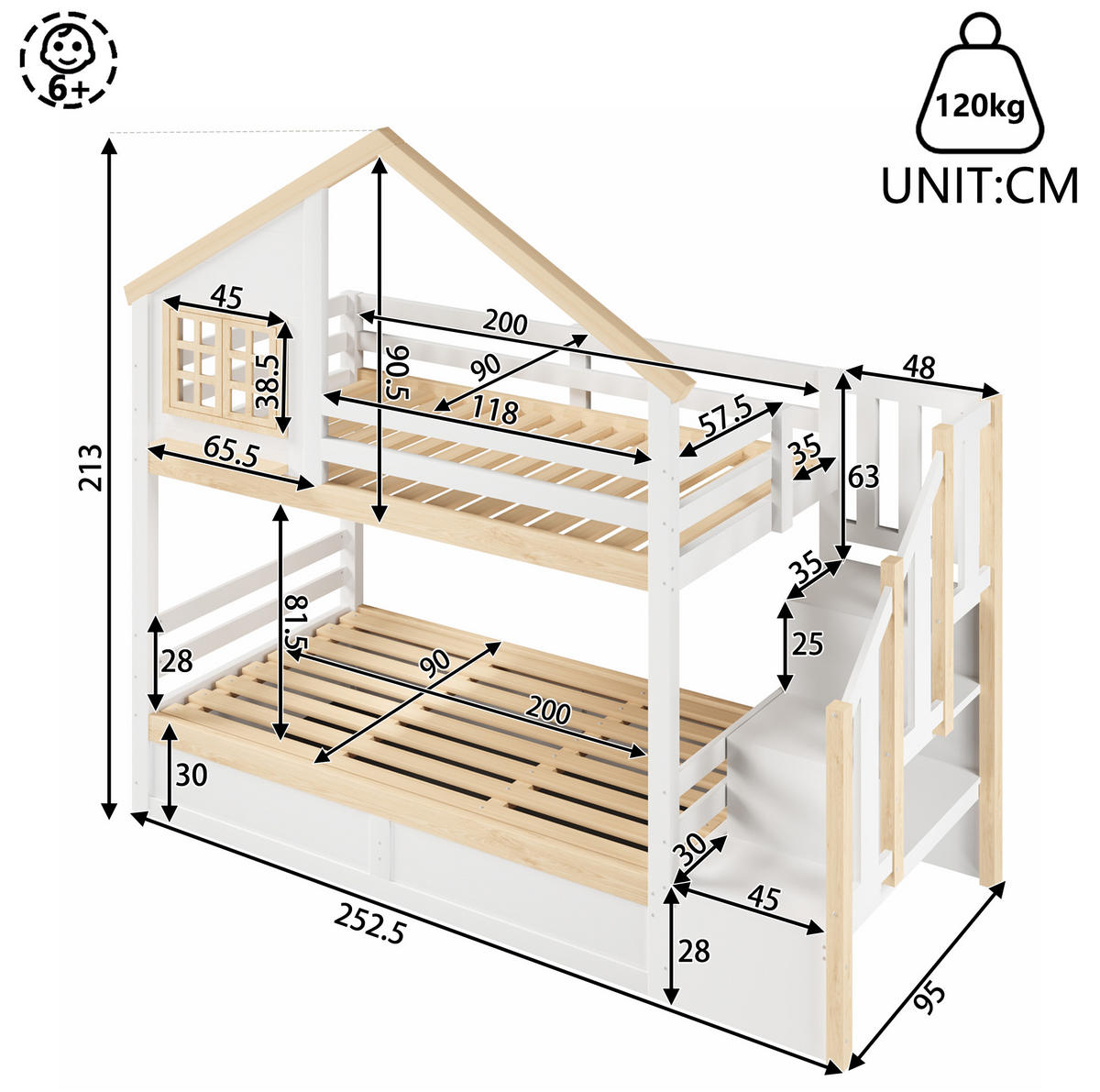 ETAGENBETT mit Stauraum 90x200 cm Weiß/Natur - Weiß, Holzwerkstoff (90/200cm) - Beauniv