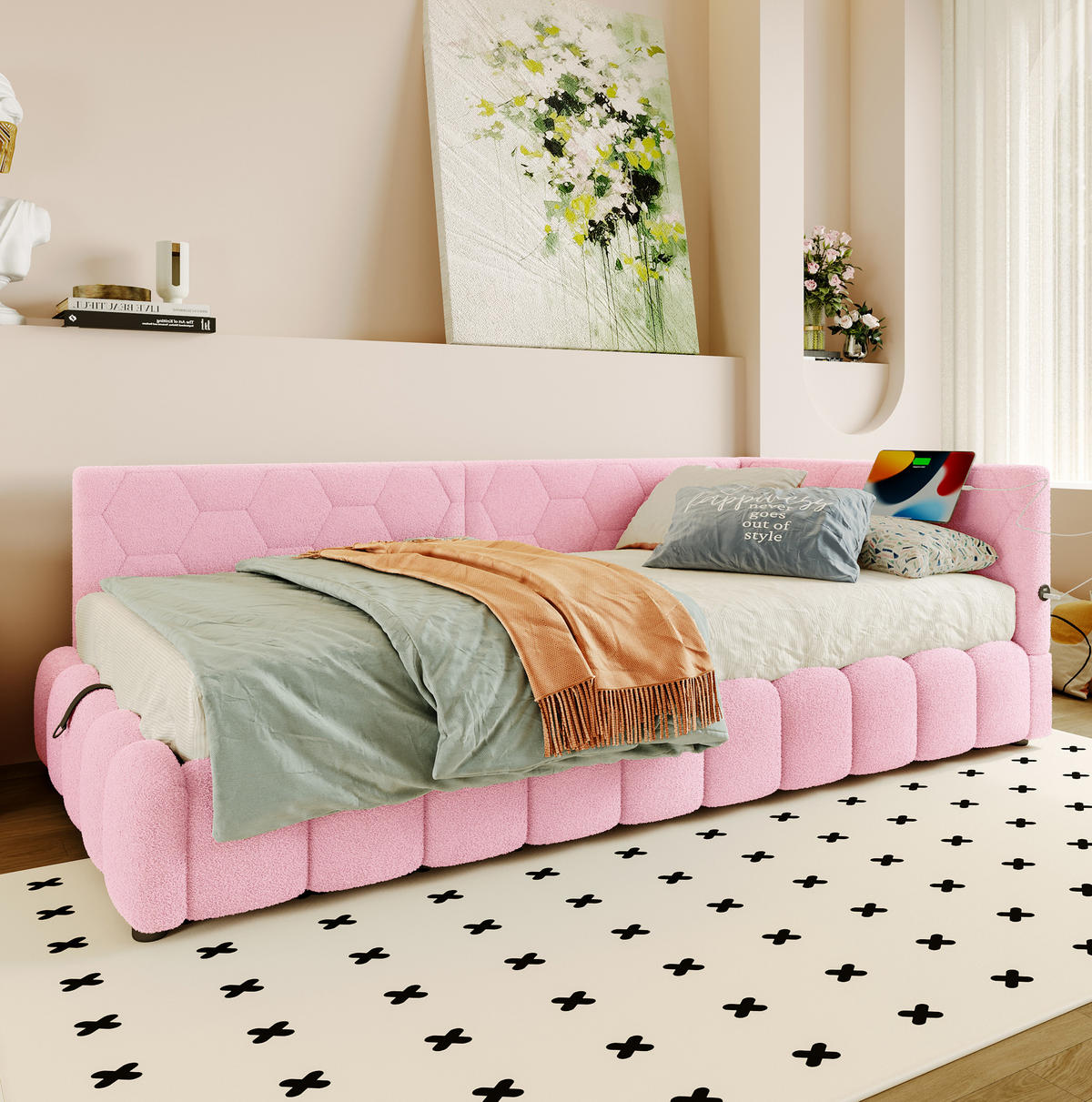POLSTERBETT aus Vliesimitat 90x200 cm in Rosa mit LED & USB-/Typ-C-Anschluss - Rosa, Textil (90/200cm) - Modfu
