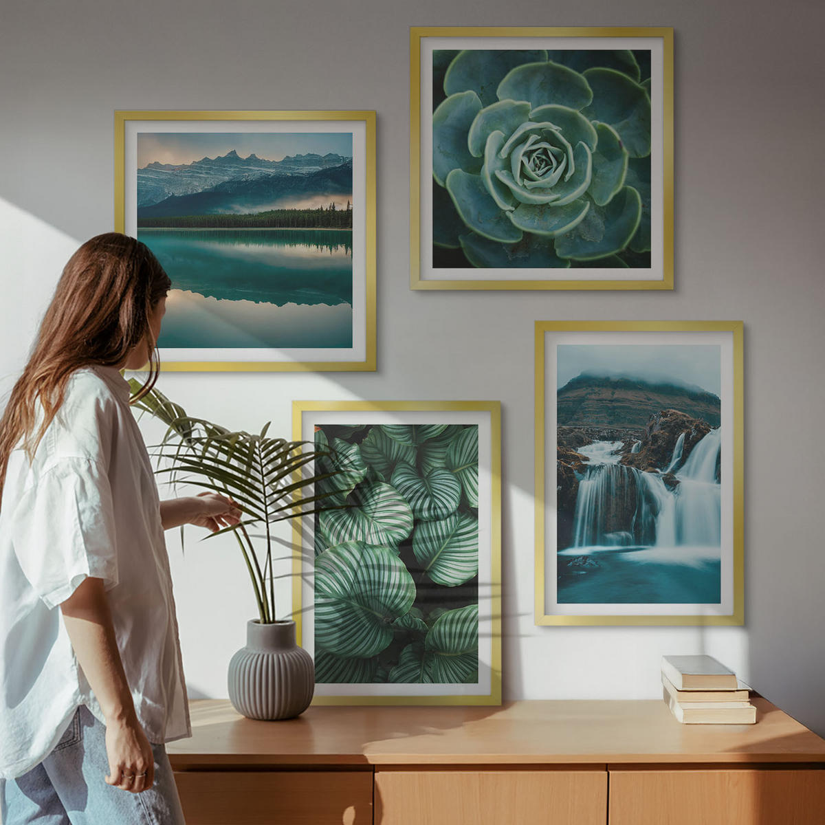 WANDBILDER 4er Set - 50x50 cm & 40x60 cm Goldrahmen - Nahaufnahmen von Blättern sukkulenter Pflanzen - Goldfarben, Kunststoff (50/50cm) - ArtPrintCave