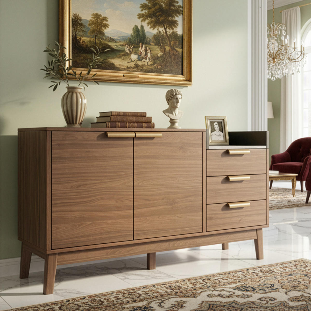 SIDEBOARD Holzoptik Braun, mit 2 Türen, 3 Schubladen und offenem Ablagefach, 120/40/77 cm - Nussbaumfarben, Holzwerkstoff (120/77/40cm) - WISHDOR