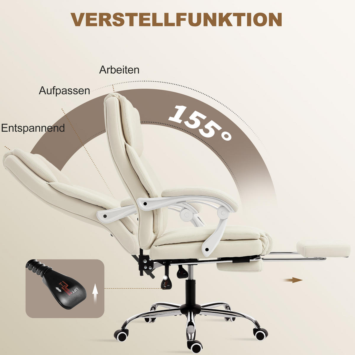BÜROSTUHL mit Liegefunktion, höhenverstellbar Drehstuhl mit Fußstütze Beige - Beige/Silberfarben, Holzwerkstoff/Kunststoff (64/120/73cm) - HOMCOM