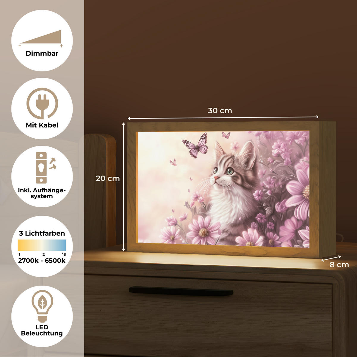 NACHTTISCHLAMPE Kätzchen - Blumen - Schmetterlinge - Lila 30x20 cm - Altrosa, Holzwerkstoff (8/30/20cm)