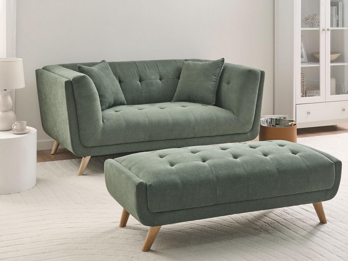 2-SITZER-SOFA Stoff Grün mit Ottomane Habo - Hellbraun, Textil (176/78/72cm) - Beliani