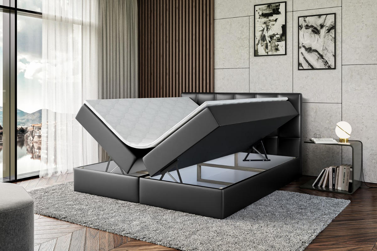 BOXBETT mit Matratze H4 und Lattenrost - MARCE - 160 x 200 cm - Schwarz - Schwarz Hochglanz, Holzwerkstoff (160/200cm) - ALTDECOR